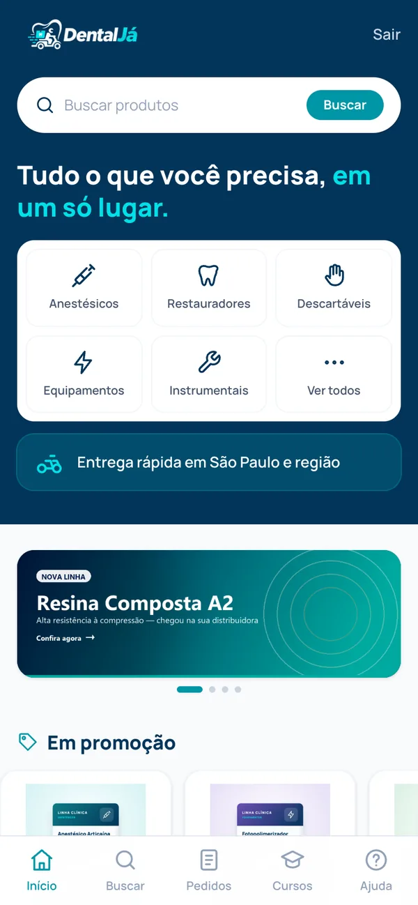 Tela inicial do dentista, com busca, categorias e ofertas